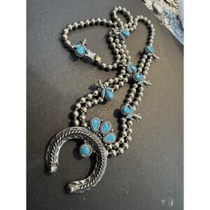 FLORENTA FAUX TURQUOISE SQUASH BLOSSOM NECKLACE 25” Long